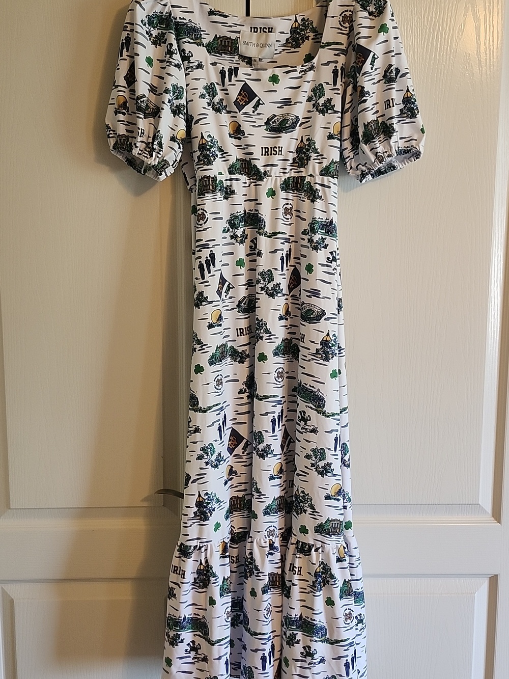 Smith & Quinn Norte Dame Toile Fightin' Irish Print Midi Puff-Sleeve Dress